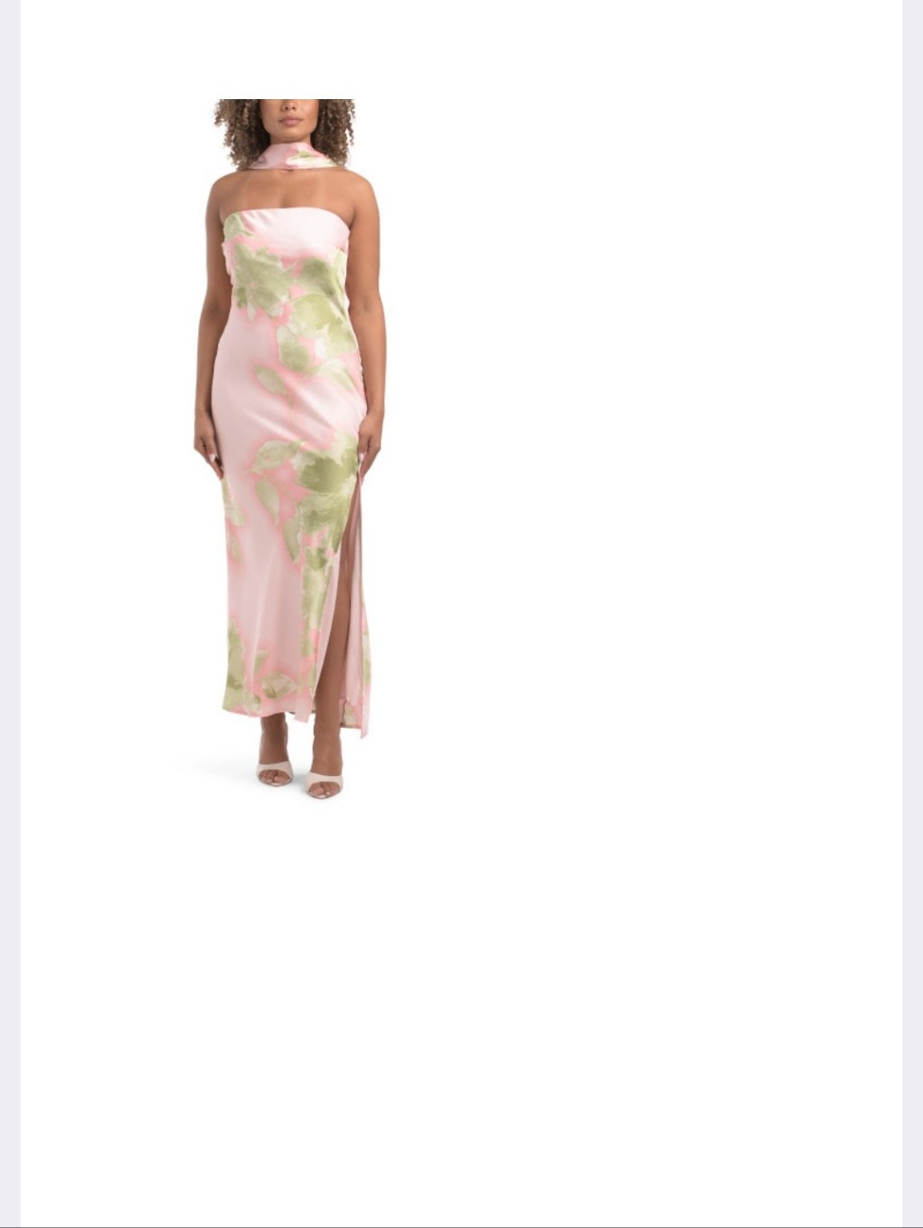 Strapless Blush Sage Multi Satin Dress With Neck Scarf